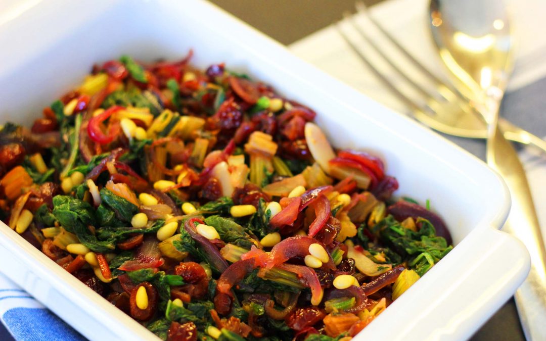 Sautéed Rainbow Chard with Pine Nuts and Dried Cranberries