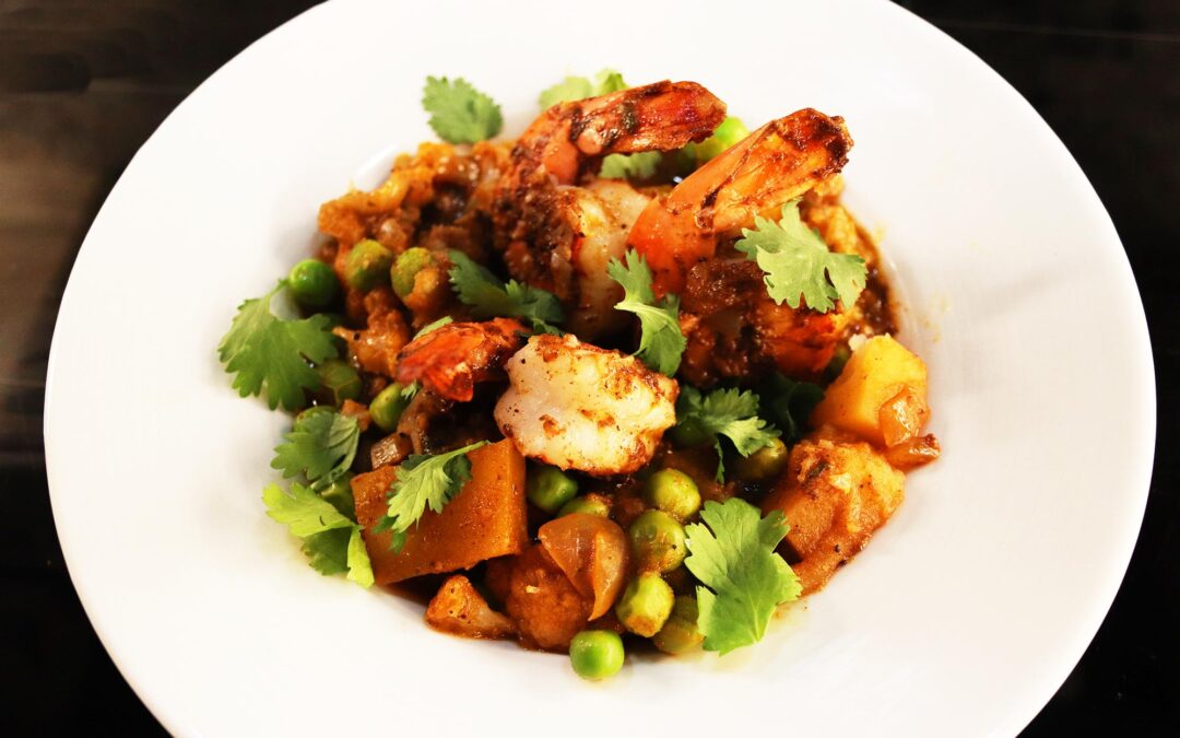 Curried Shrimp, Potato, Cauliflower and Peas