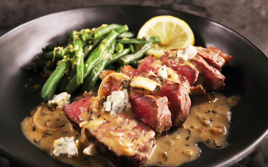 Pan Seared New York Strip with Blue Cheese Cream Sauce