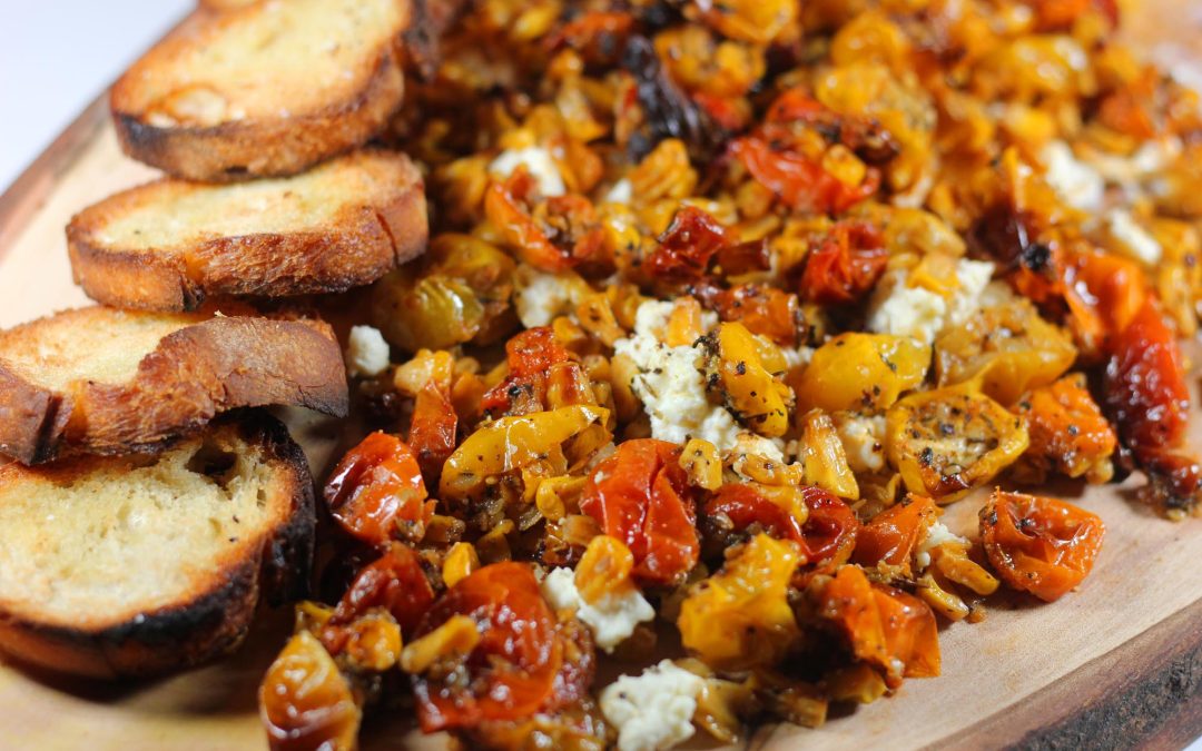 Butter Board Roasted Corn and Tomato on Feta Cheese Spread
