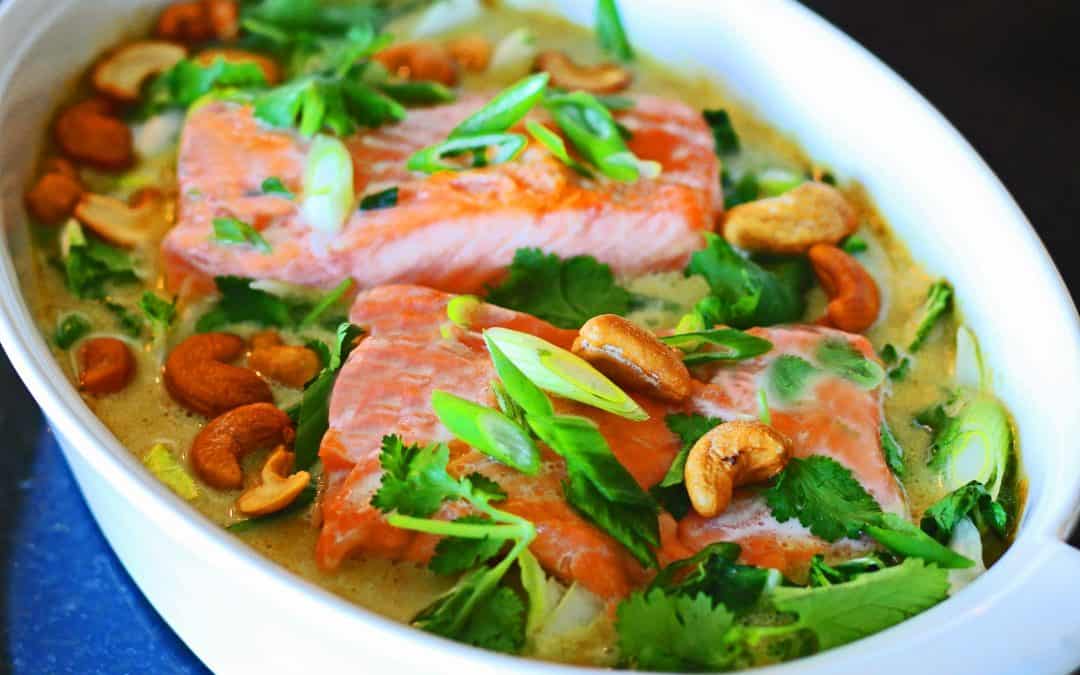 Coconut Curry Poached Salmon with Crisp Bok Choy