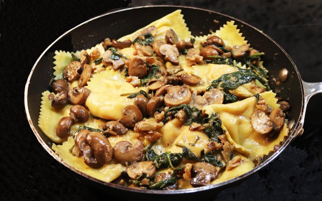 Sweet Potato Ravioli with Sautéed Mushrooms and Toasted Walnuts