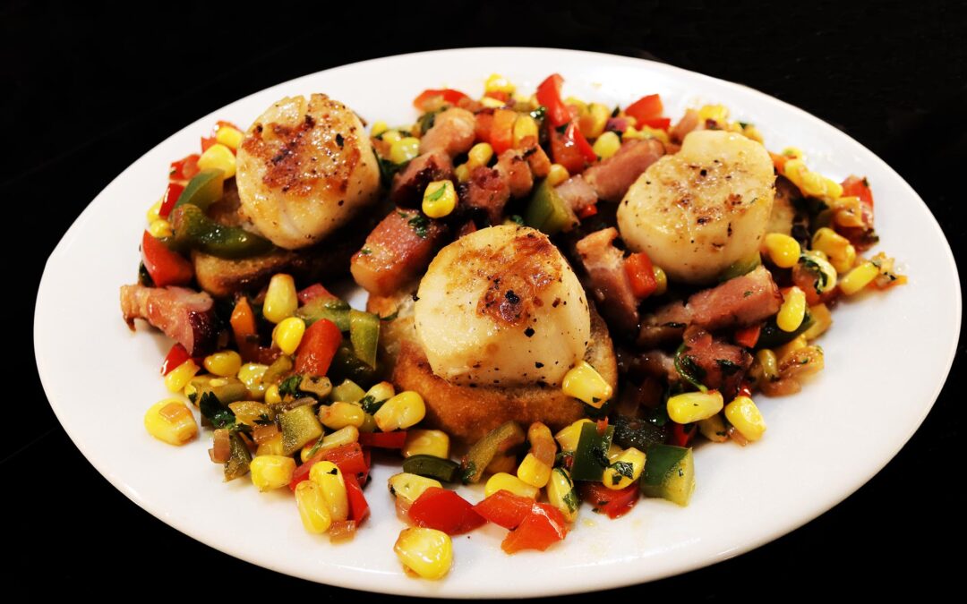 Seared Scallops with Bacon, Peppers and Corn